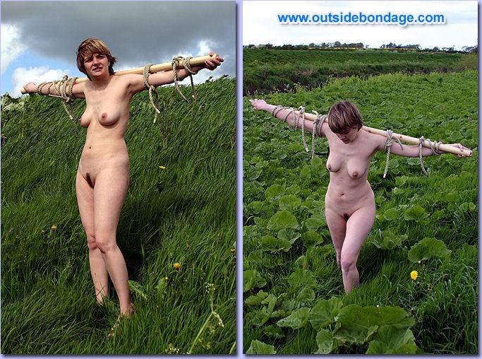 Naked woman in bondage outside