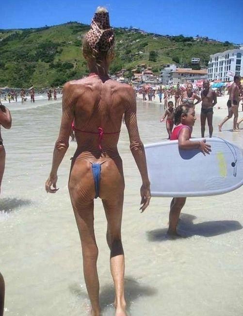 Skinny old woman bikini